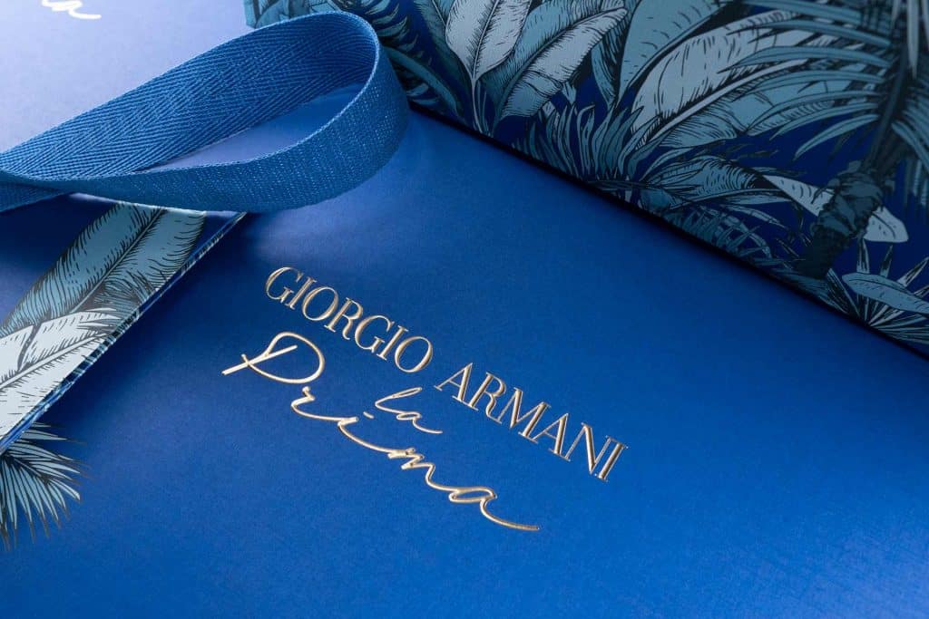 Luxury retail packaging Giorgio-Armani-Retail-Shopping-Bags Gold Foil Stamp Logo