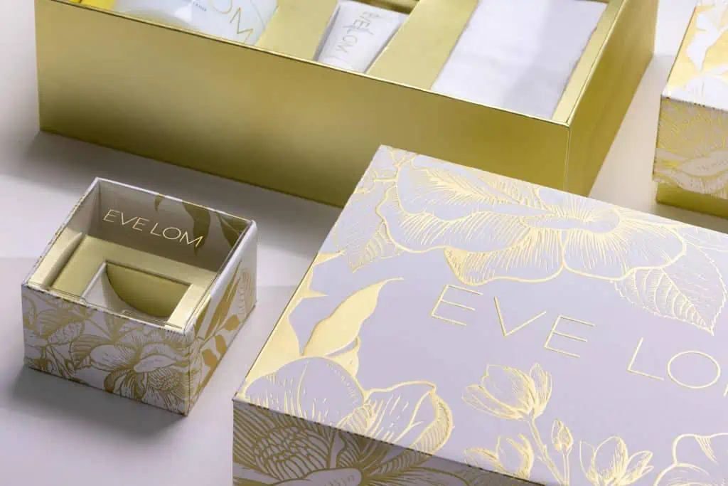 Skin Care Luxury Packaging Eve-Lom-Packaging-Design-Gold Foil Inserts Cosmetic packaging