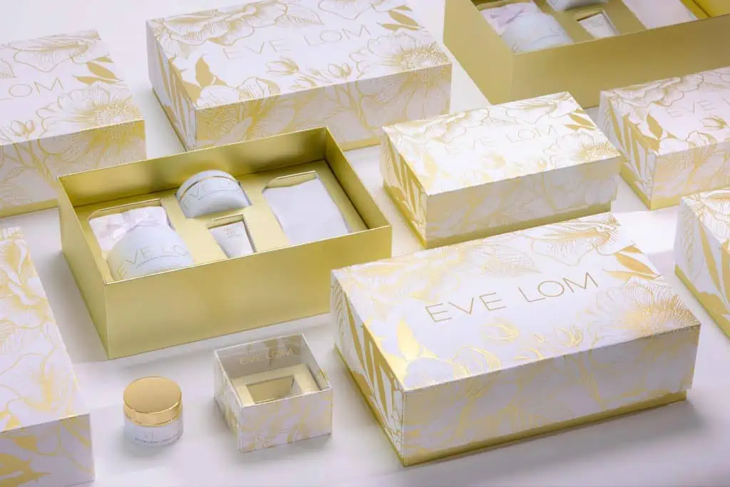 Luxury cosmetic packaging-Eve-Lom-Packaging-Design-Gold Emboss All over pattern