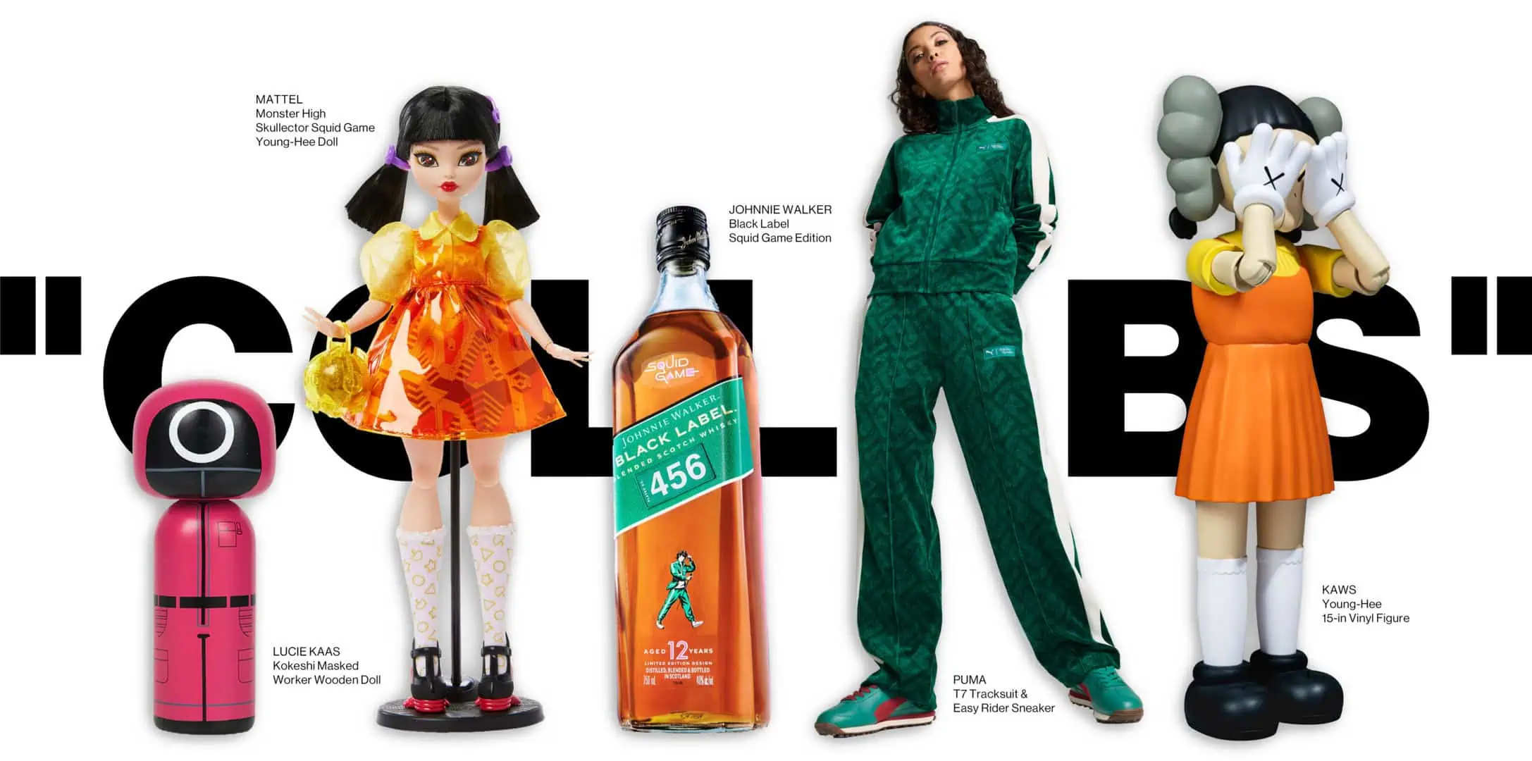 Off-White & Squid Game luxury collaboration PUMA LUCIE KAAS MATTEL KAWS JOHNNIE WALKER