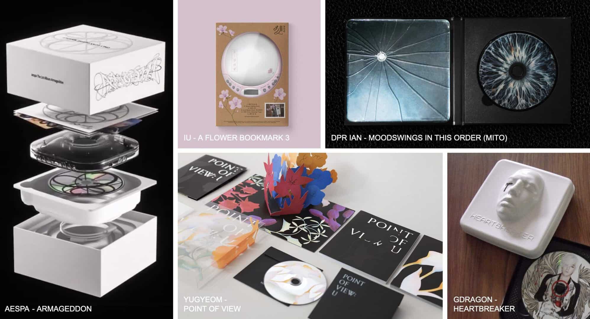 K-pop Album packaging Aespa Gdragon DPR IAN IU Yugyeom